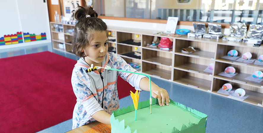 Girl creating an automated pollinator